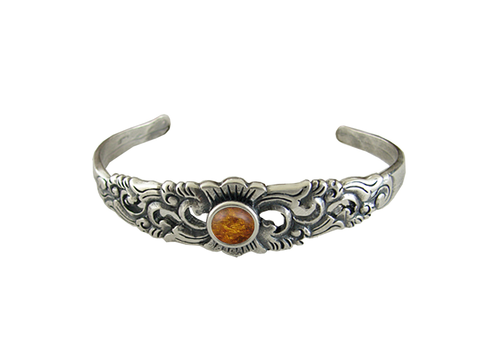 Sterling Silver Detailed Cuff Bracelet With Amber